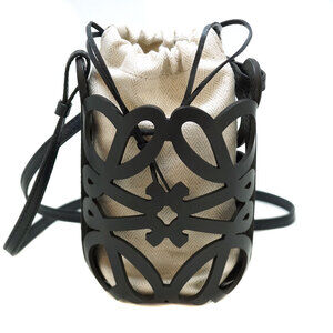 LOEWE Shoulder Bag Anagram Cutout Pocket Black Beige Leather